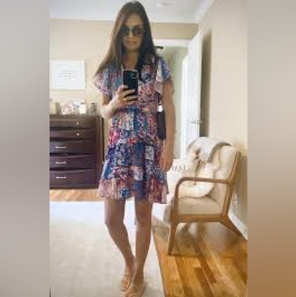 Anthropologie Robin Tiered Mini Dress Boho Floral Boho Floral - Pink Blue -Small - Picture 9 of 12